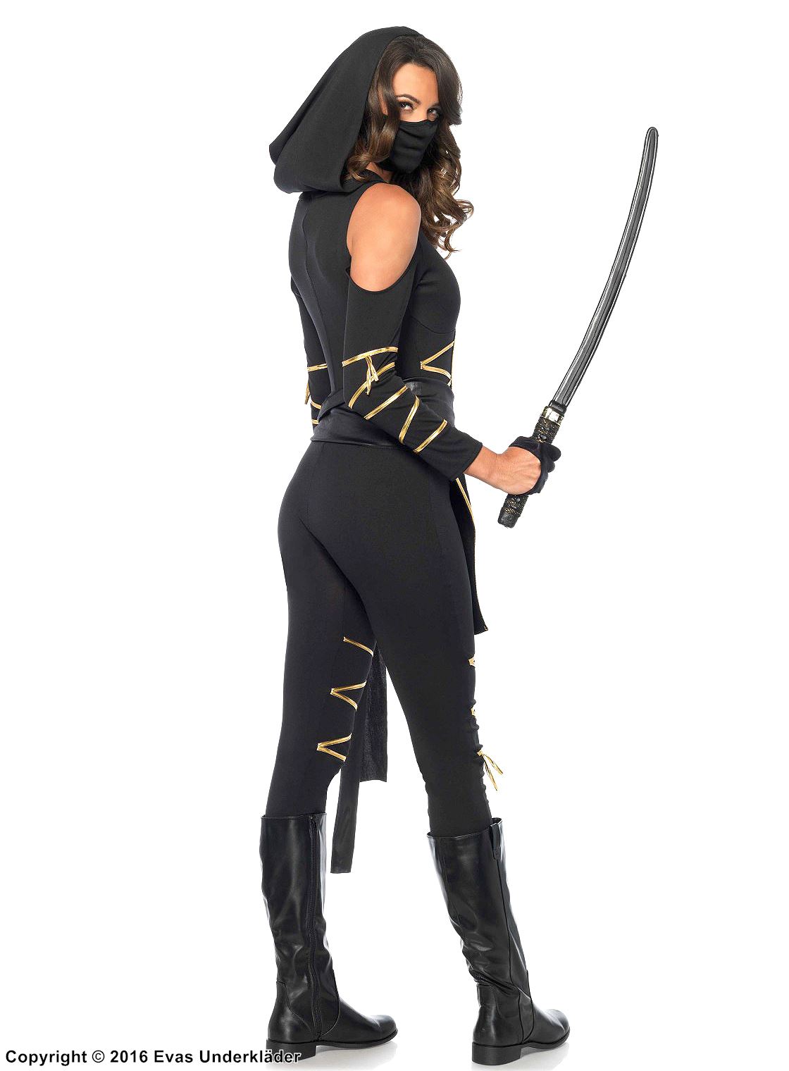 Female ninja (aka kunoichi), body costume, hood, sash, cold shoulder, dragon